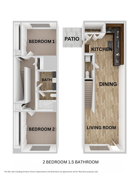 Floor plan for 2 beds, 1.5 baths, 1060 sqft
